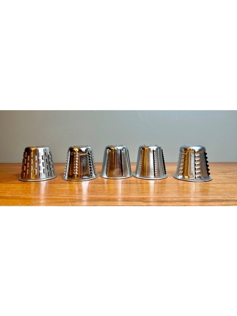 Set of  5 Vintage Saladmaster Food Cutter Cones: 1G - 5 G Shredder, Stringer, Fr